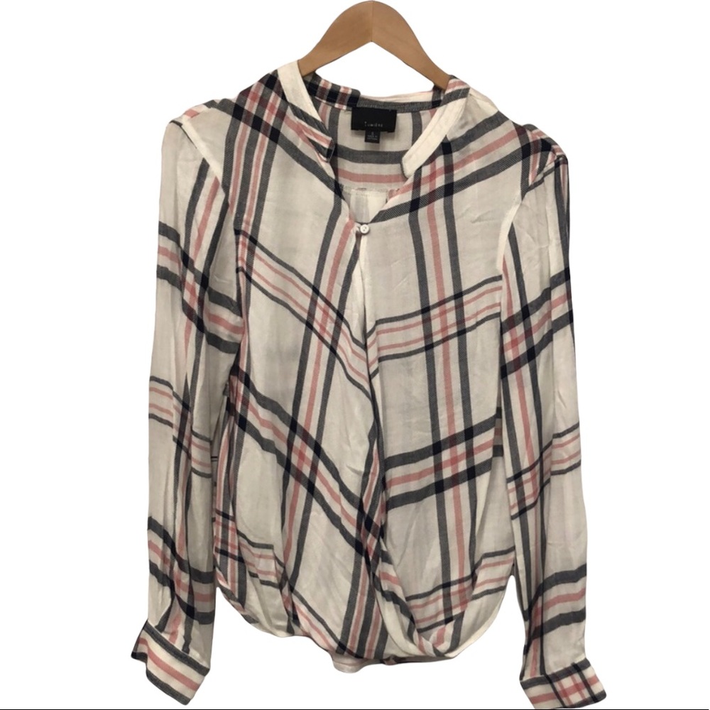 Lumiere plaid front draped “flannel” button down